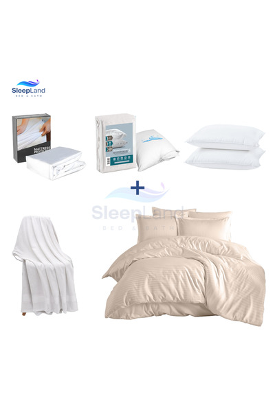 SLEEPLAND بكج مفرش فندقي لون بيجمع طقم عازل مخدة مع عازل مرتبة مع مخدتين فندق...
