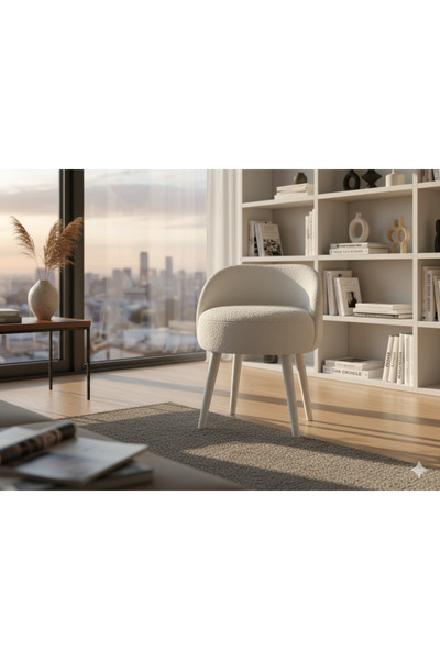 Yuems home Beyaz Teddy Kumaş Dekoratif Berjer Puf Makyaj Masası Pufu