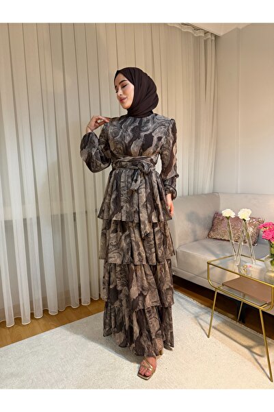 El Amira Luna Şifon Kat Kat Kuşaklı Elbise
