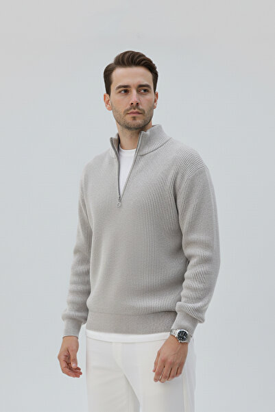 beuivo سترة رجالية باللون الرمادي بسحاب نصفي ياقة مرتفعة متوسطة الطول سترة تريكو محبوكة من سالونيك