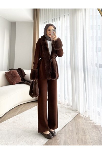 asyadabutik Women's Fur Detailed and Waist-Tied Two-Piece Knitwear Set