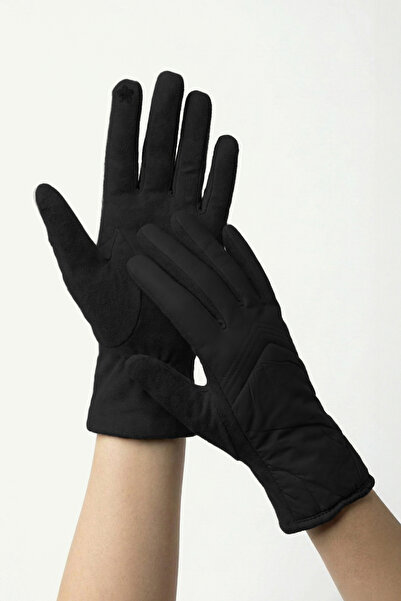 robanu Kadın Siyah Dokunmatik Ekran Özellikli Kapitone Desenli Kışlık Süet Eldiven