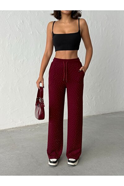 veres Kadın Viva Bordo Taşlı Modal Kumaş Bol Paça Beli Bağcıklı Yüksek Bel Pa...