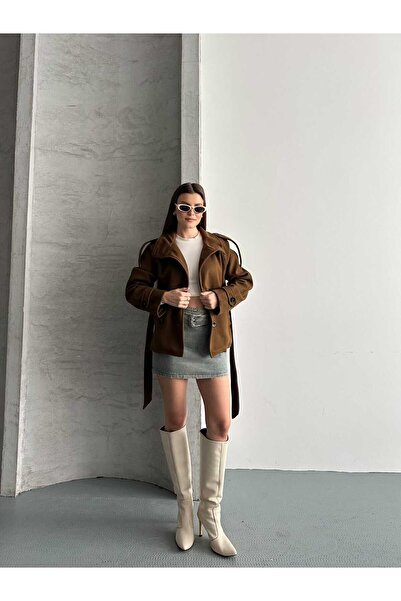 asyadabutik Women's Mock Neck Belted Short Lined Cashmere Coat