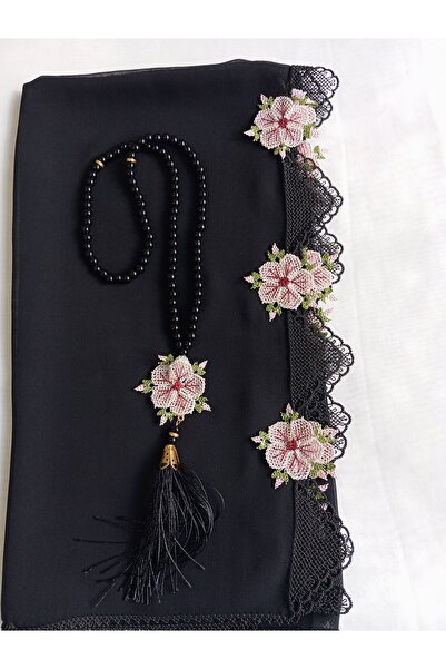 NUMİSTORE İğne oyası siyah renk Tesbihli Namaz Örtüsü