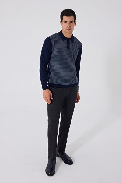 Sabri Özel Lacivert-Gri Regular Fit Triko Polo Yaka Kazak