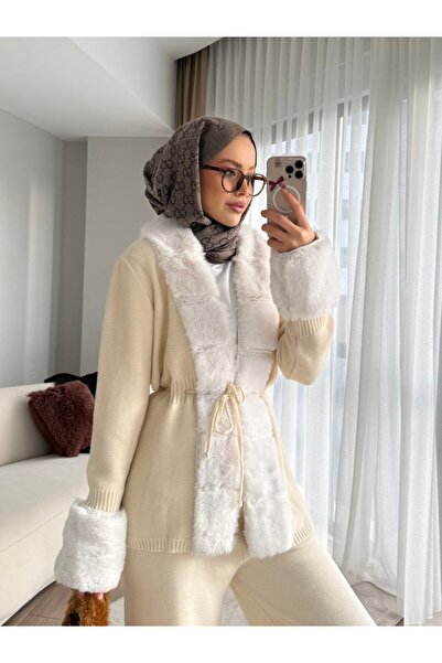 asyadabutik Women's Fur Detailed and Waist-Tied Two-Piece Knitwear Set