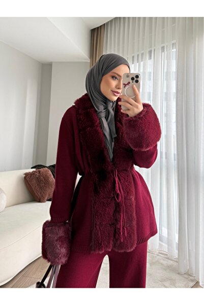 asyadabutik طقم تريكو نسائي مكون من قطعتين مع تفاصيل من الفرو ورباط عند الخصر