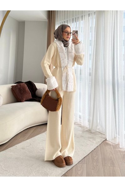 asyadabutik Women's Fur Detailed and Waist-Tied Two-Piece Knitwear Set