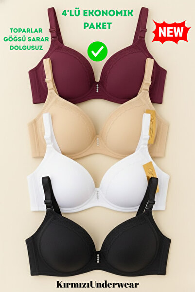 Kırmızı 4’lü Dantel,Taş Detaylı Dolgusuz Toparlayıcı Sütyen Seti – Ten, Siyah, Beyaz, Bordo | Günlük Rahat