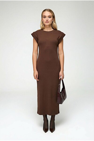 Trendiz Kadın Yarasa Kol Uzun Elbise Kahve