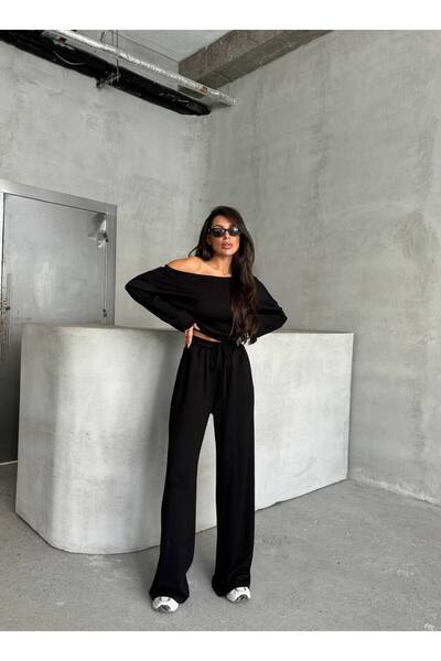 D'RECCY Women Asymmetric Boat Neck Long Sleeve Blouse High Waist Pants Suit