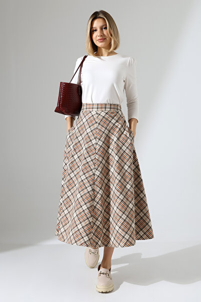 Hisleria تنورة ميدي مربعات بخصر مرتفع وجيوب بسحاب