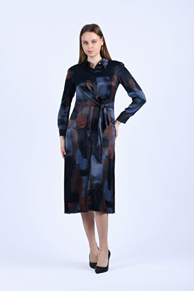 la luce İndigo Kahve Soyut Dasen Saten Gömlek Elbise - LE501