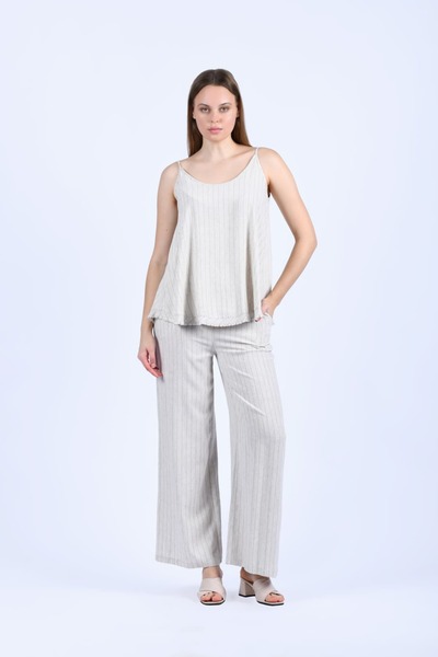 la luce Natür Çizgi Desenli Askılı Keten Bluz - QB195