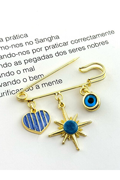 roshel Altın Renk Broş İskoç İğnesi Yaka İğnesi Charmlı İğne Çengelli İğne Kalp-Güneş-Nazar Boncuğu