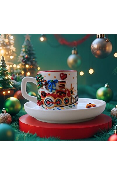 MAKARON SANAT Yeni Yıl Hediye Treni 3D Kabartma Kahve Fincanı (İsim yazılabilir)