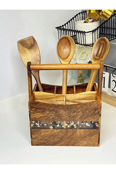 cicizuccaciye Acacia Spoon Holder + 3 Serving Spoons