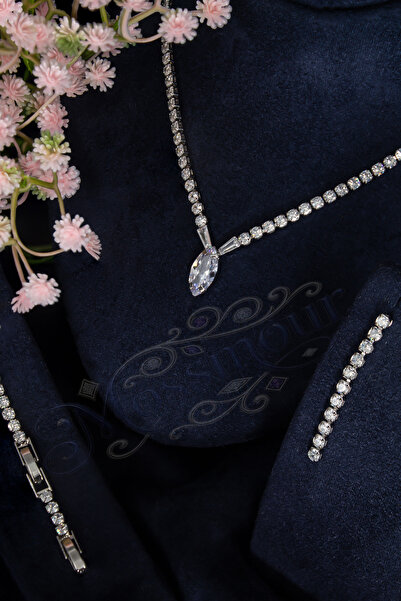 MOSSMOUR Markiz Kesim Zirkon Taşlı V Model Kolye Küpe Bileklik Takı Seti / 3m...