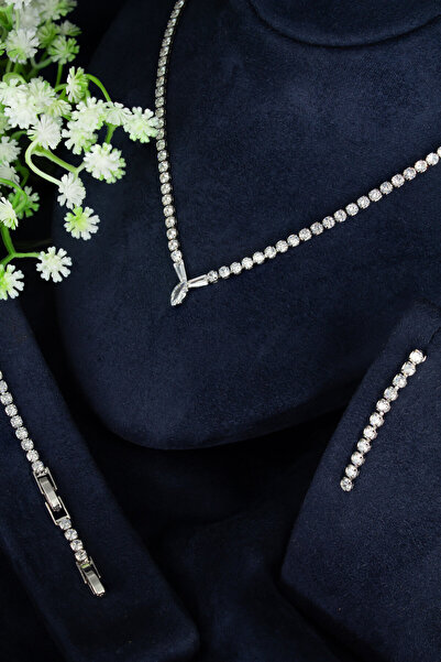 MOSSMOUR Markiz Kesim Zirkon Taşlı V Model Kolye Küpe Bileklik Takı Seti / 3m...