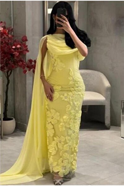 ELHAM FASHION Lemon evening dress with shawl