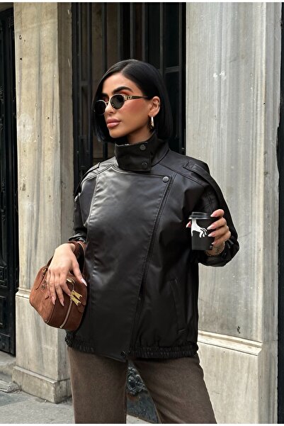 MEECY Zr Model Mock Neck Lined Leather Jacket with Zippered Epaulettes Detail