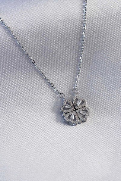 Epilons Bfs 316L Steel Silver Color Openable Clover Model Women's Necklace