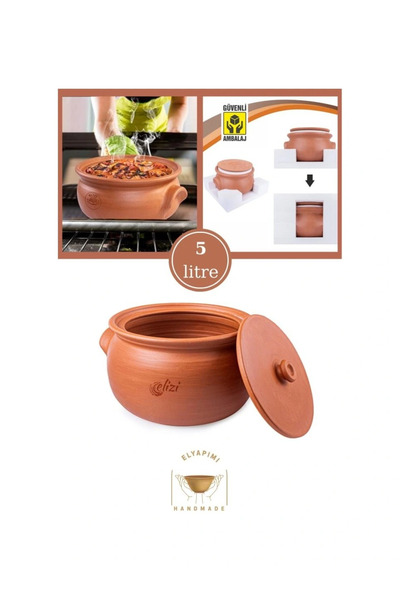 LTG Nova El Yapımı Kapaklı Toprak Güveç Tencere Orta Boy Astarlı 5 Litre (Öze...