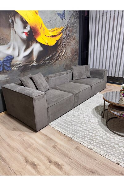 Erduran Mobilya Angelo 3 modül fitilli kadife Antrasit gri kanepe
