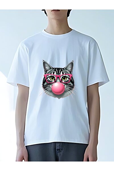 MIXSNOW تي شيرت رجالي كبير الحجم برقبة مستديرة: قطة مع علكة فقاعية - 100٪ قطن ناعم ومريح، 3 ألوان