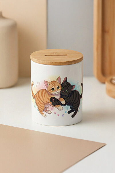 AYIŞIGII HEDİYELİK Sevimli Kedi Dostlar Temalı Ahşap Kapaklı Porselen Kumbara