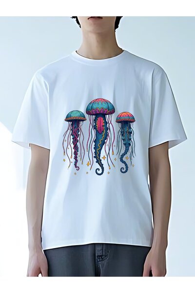 MIXSNOW تي شيرت رجالي كبير الحجم برقبة مستديرة: زخرفة قنديل البحر - 100٪ قطن ...