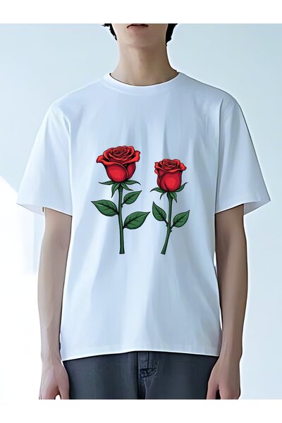 MIXSNOW تي شيرت رجالي كبير الحجم برقبة مستديرة: ورود حمراء - 100٪ قطن ناعم وم...