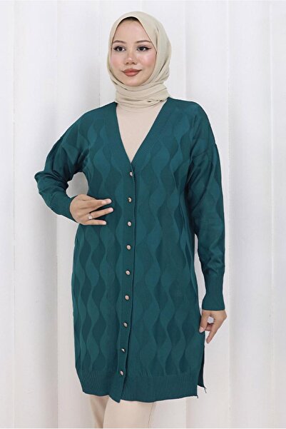 TRENDTESETTÜR كارديجان نسائي أزرق (فيروزي) منسوج بنقشة T 9323