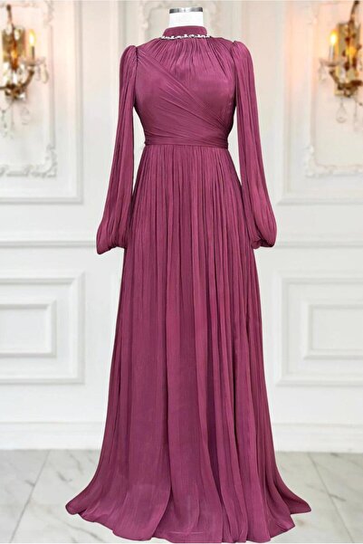 TRENDTESETTÜR KADIN BORDO (VİŞNE) YAKASI TAŞLI ABİYE ELBİSE T 6063