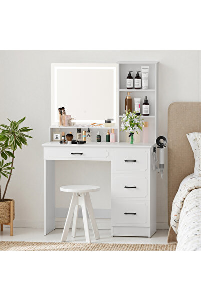 CHOGORI White Makeup Vanity Desk with LED Mirror & Charging Station, 4 Drawers, Adjustable Brightness.