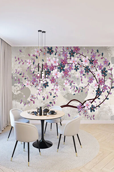 poster marketi 3D Mor Pembe Çiçekli Dal Duvar Kağıdı TV Arkası