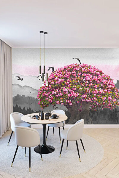 poster marketi 3D Pembe Çiçekli Ağaç ve Kuşlar Duvar Kağıdı Doğa Manzarası