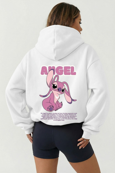 BRF Collection Lilo & Stitch Angel Baskılı Oversize Hoodie – Beyaz