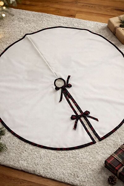 Ases Design Yılbaşı Ağacı Etek Örtüsü 120 cm | Ekose Biyeli Beyaz | Ayak Gizl...