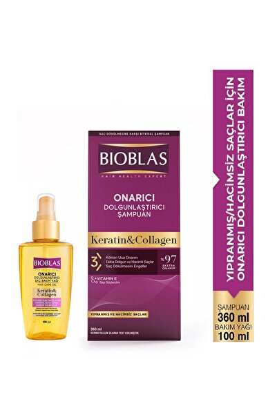Bioblas Keratin & Kolajen Onarıcı Dolgunlaştırıcı Saç Bakım Şampuanı 360 Ml + Saç Bakım Yağı 100 Ml
