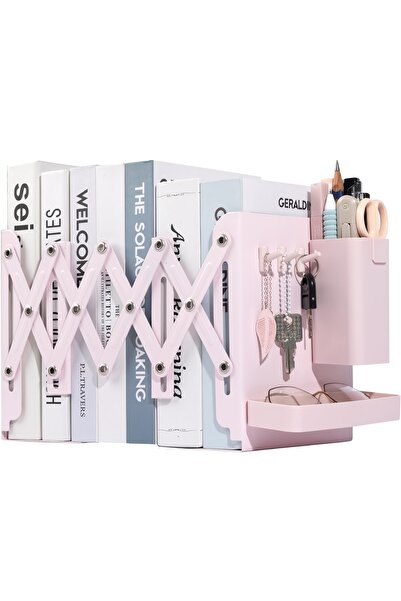 YESMAX Adjustable Bookends, Metal Book Organizer with Pen Holder, Tray, 3 Hook-up, for Office, School, Pink
