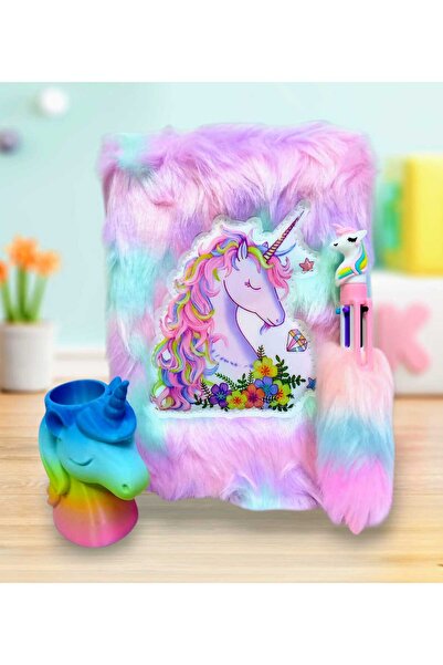 izmir yazici servis Unicorn Peluş Hatıra Defteri 6 Renk Yazabilen Kalem Ve Masa Üstü Kalemlik Hediyeli Set Anı Günlük