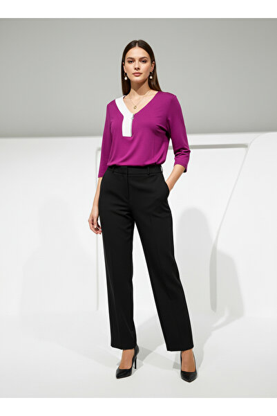 Vita Fortuna Kadın Fermuarlı Kontrast Detaylı V Yaka Rahat Kalıp Bluz