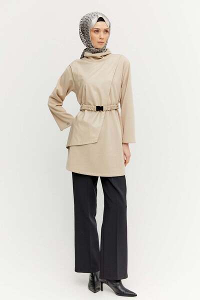 Setrms Asimetrik Suni Deri Detaylı Örme Tunik