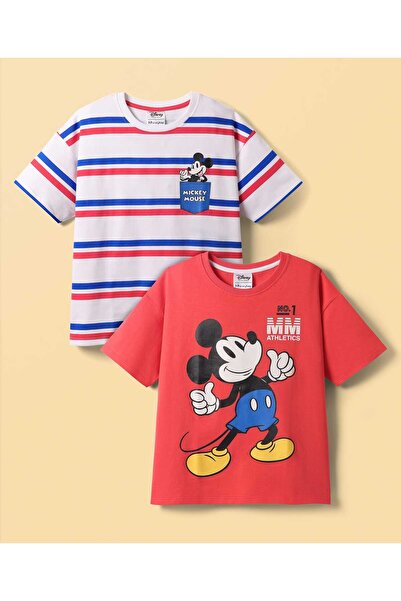 Honeyhap ديزني تيري نيت نصف أكمام قميص بكتف منخفض ميكي ماوس حزمة من 2-أحمر وأبيض