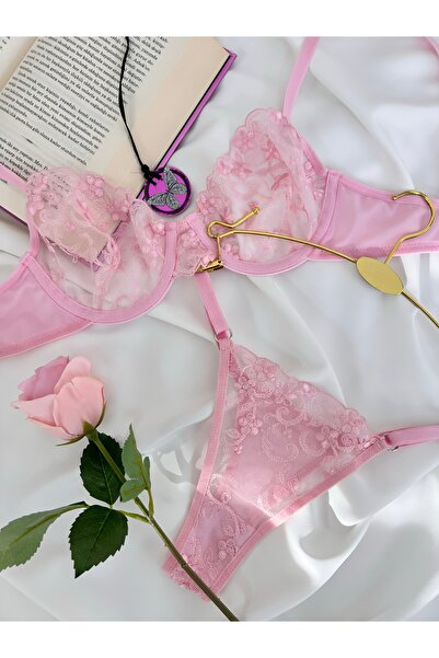 kiari Soft Pembe Çiçek Desenli Brode İşlemeli Modern Kapsız Balenli Sütyen Ta...