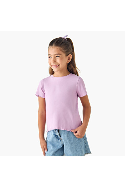 Juniors Ribbed Crew Neck T-shirt with Lettuce Hem