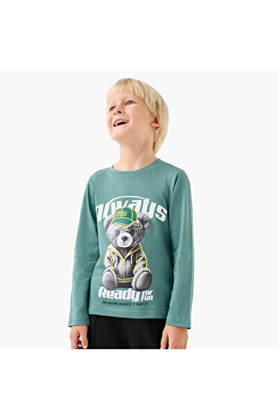 Juniors تي شيرت برقبة دائرية للأولاد بطبعة دب دمية - قطن - أكمام طويلة
