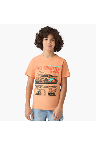 Juniors تي شيرت بطباعة رسومات سيارات سباق بأكمام قصيرة